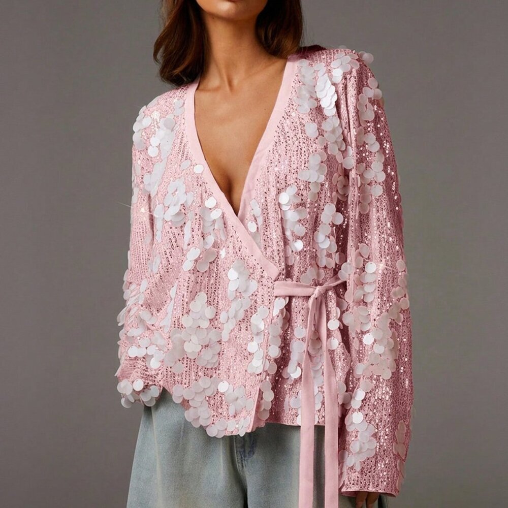 Pink Party Women's Sequin Embellished Wrap Front Long Sleeve Loose Blouse